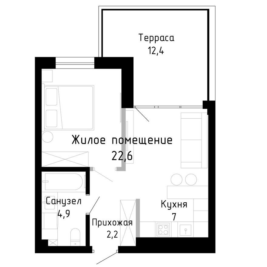 1к. квартира, 36.7 м²