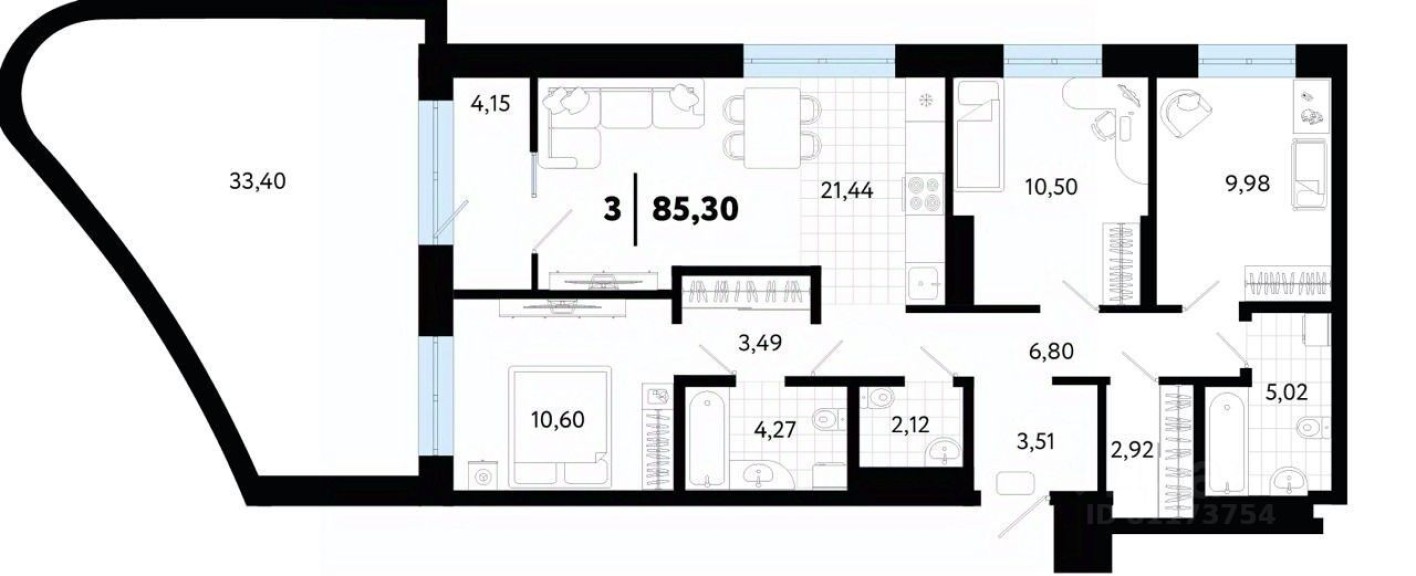 3к. квартира, 85.3 м²