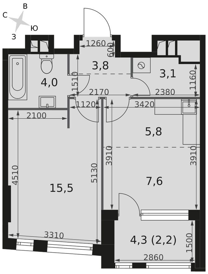 1е квартира, 42.0 м²