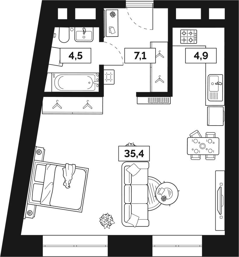 1к. квартира, 51.9 м²