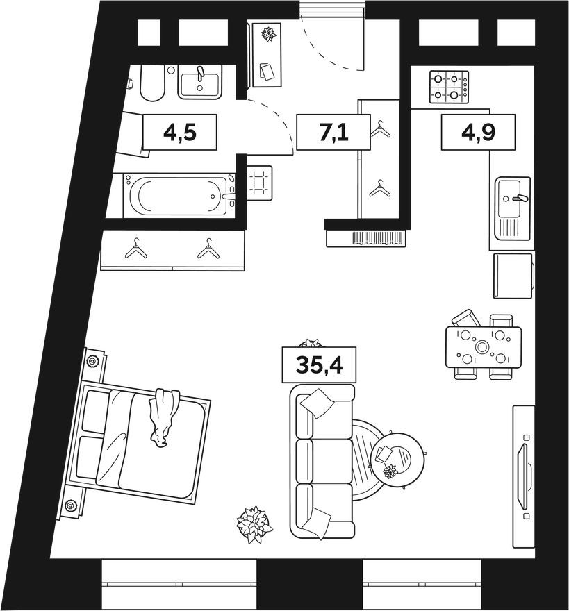 1к. квартира, 51.9 м²