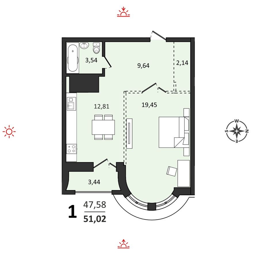 1к. квартира, 51.0 м²