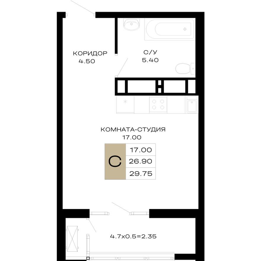 1к. квартира, 29.6 м²