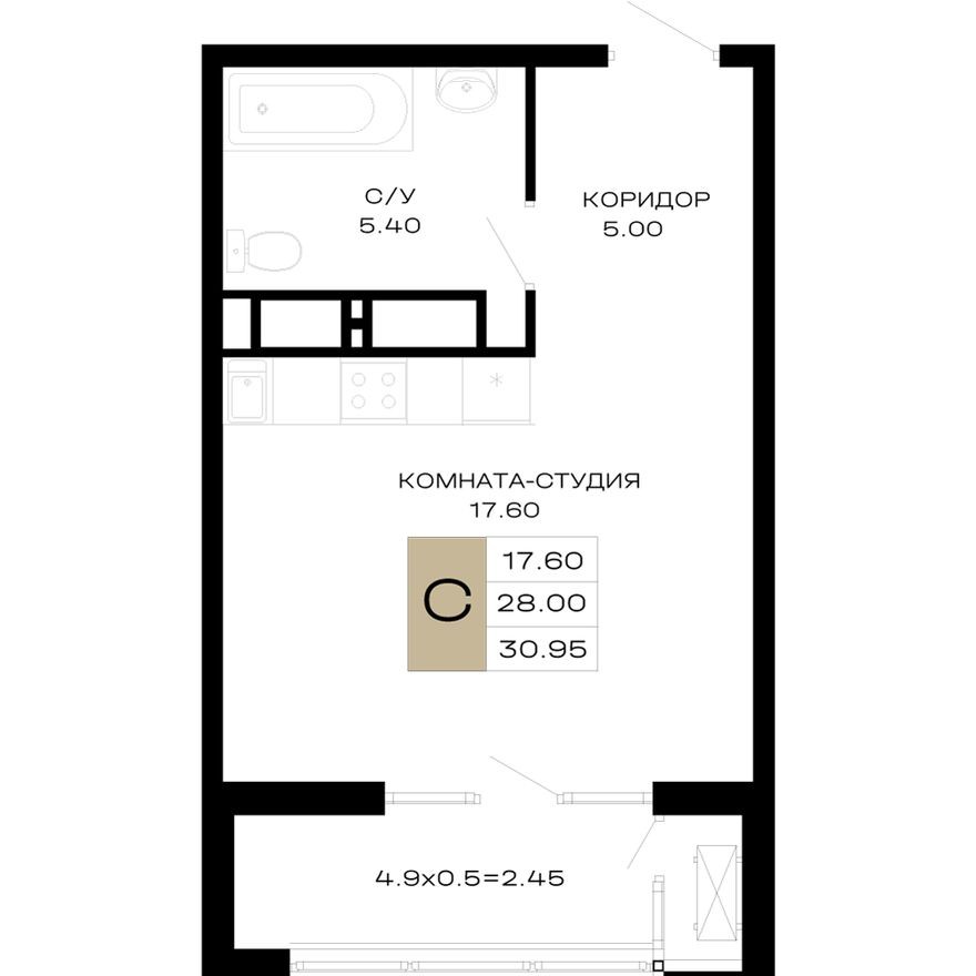 1к. квартира, 31.5 м²
