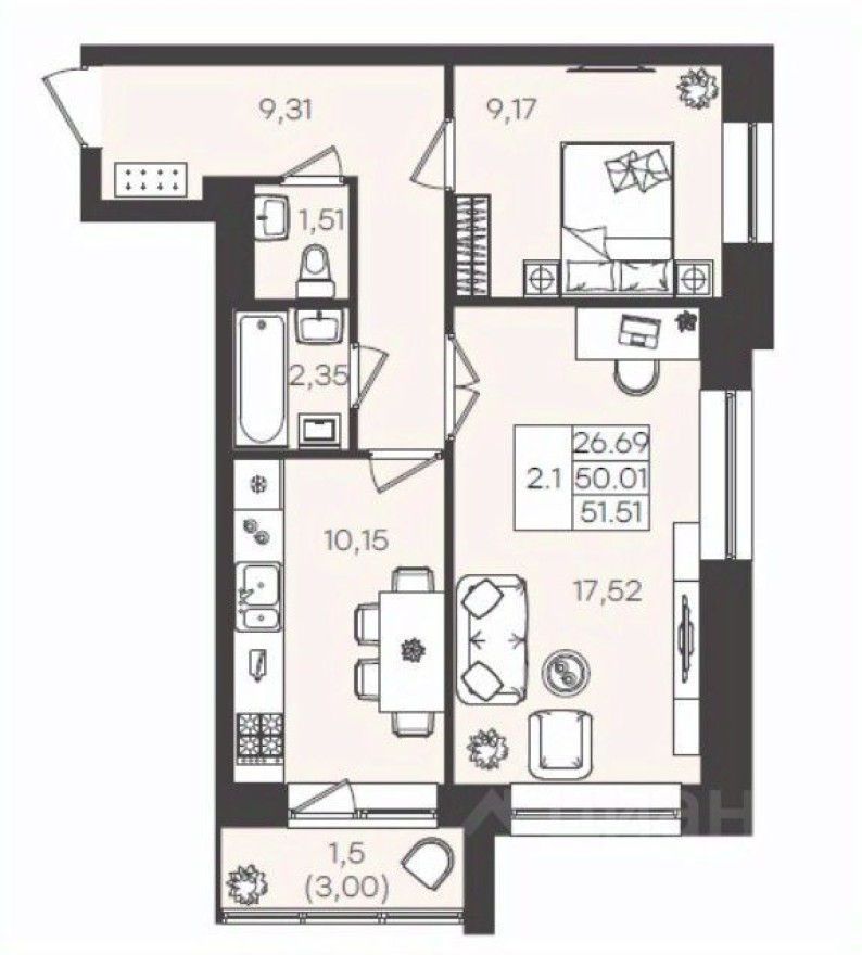 2к. квартира, 51.9 м²