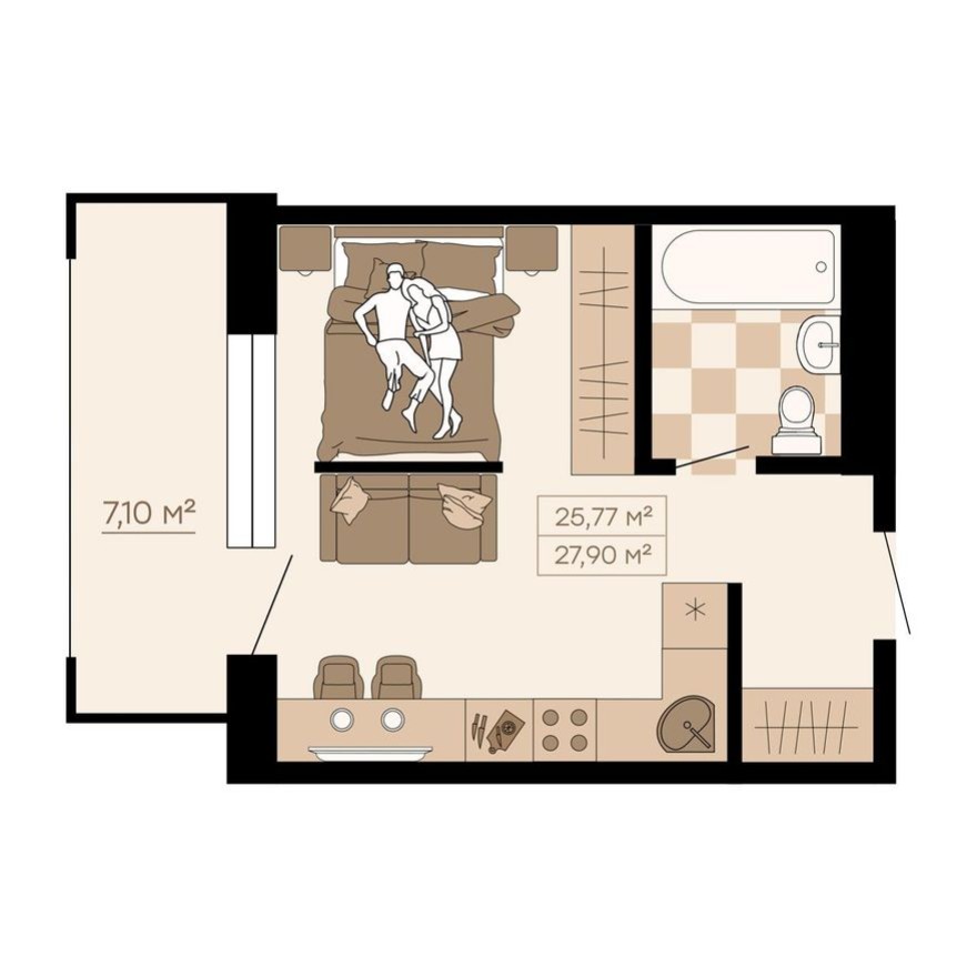 1к. квартира, 27.9 м²