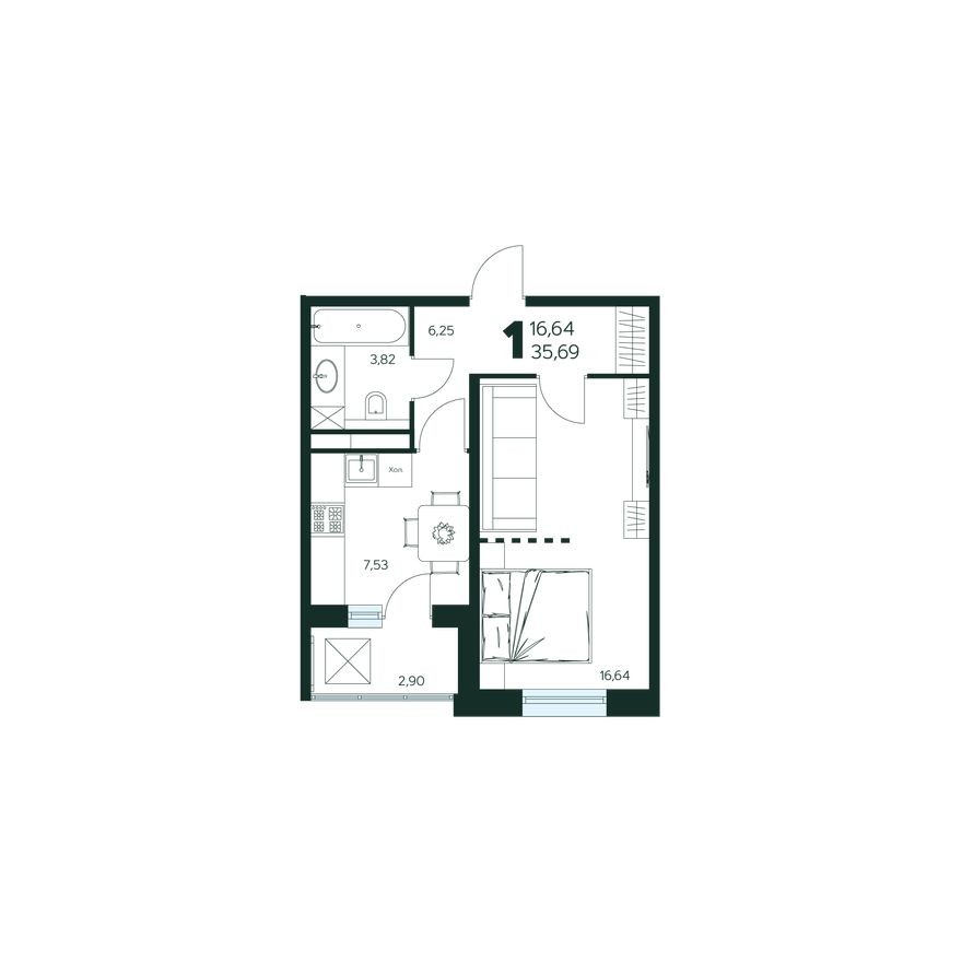 1к. квартира, 35.7 м²