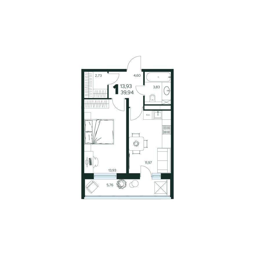 1к. квартира, 39.9 м²