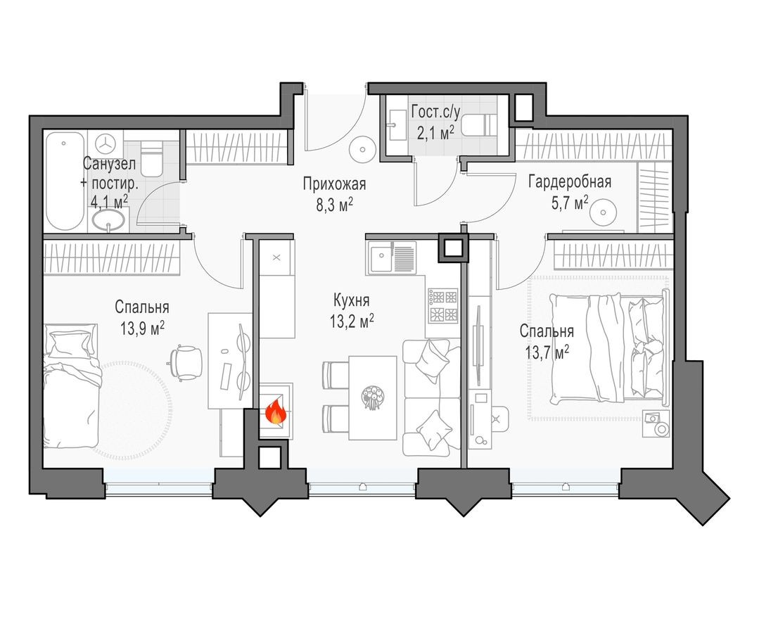 2к. квартира, 60.6 м²