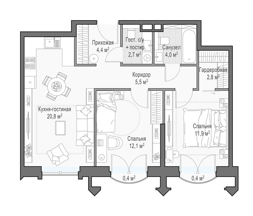2к. квартира, 66.8 м²