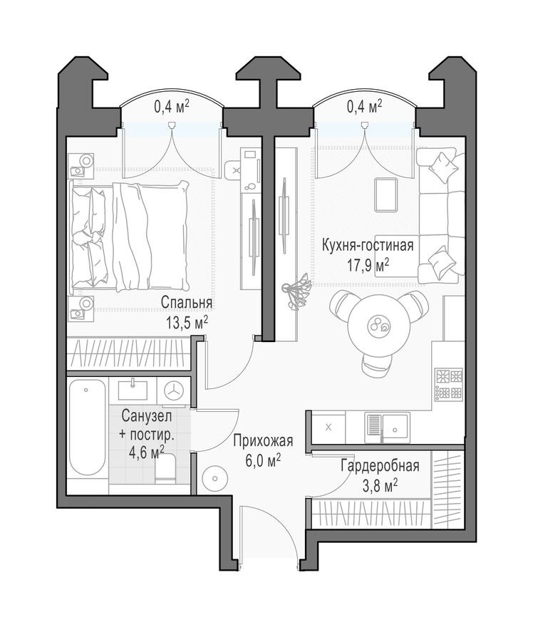1к. квартира, 46.9 м²
