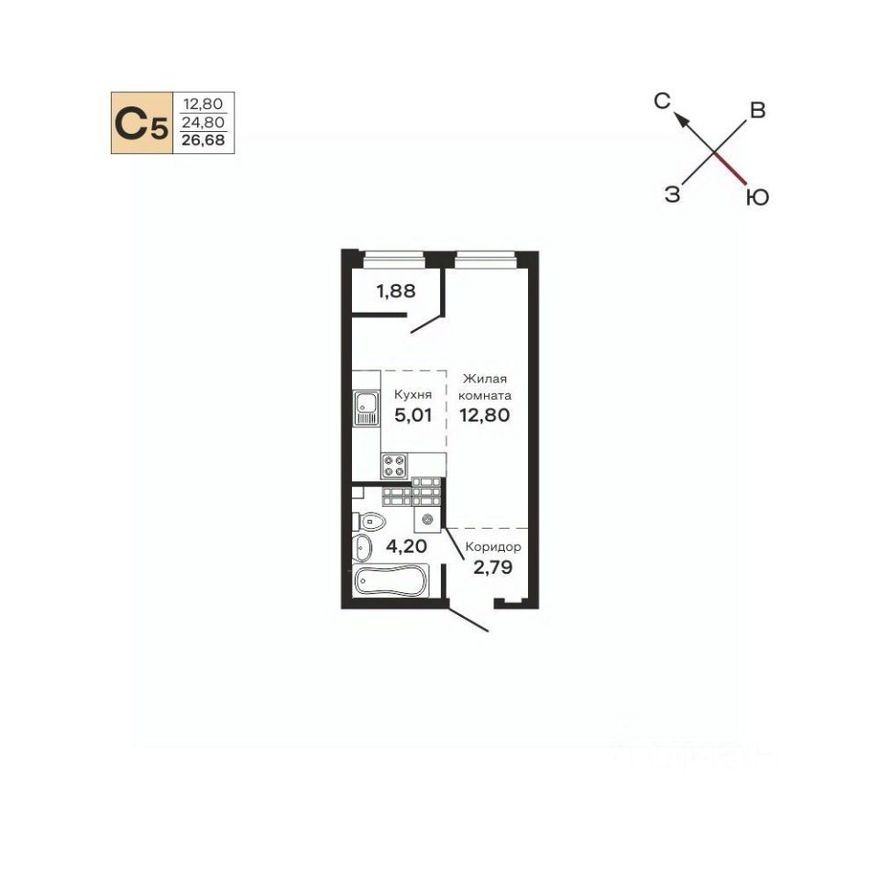 1к. квартира, 26.7 м²