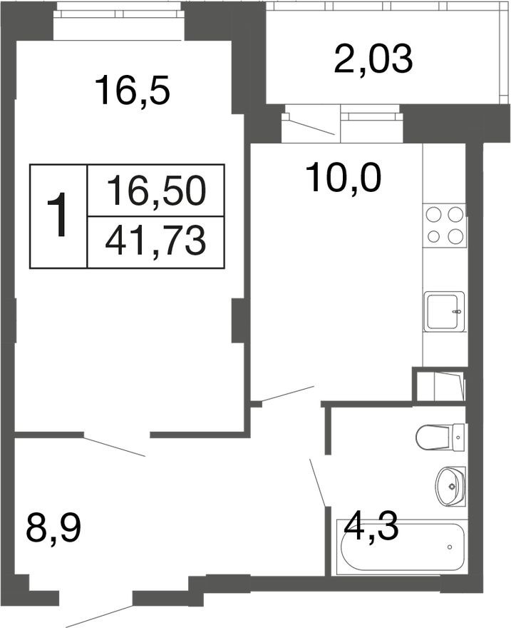 1к. квартира, 41.7 м²