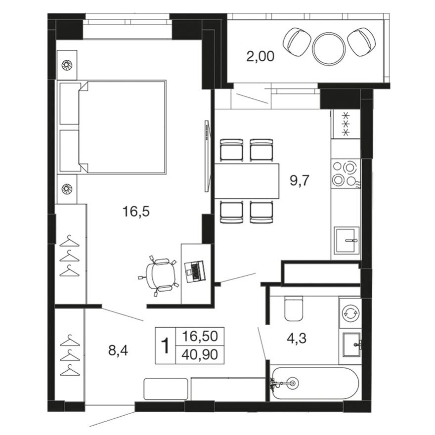 1к. квартира, 40.9 м²