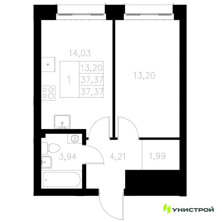 1к. квартира, 37.4 м²