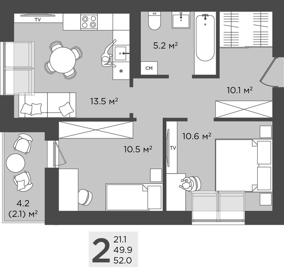 2к. квартира, 52.0 м²