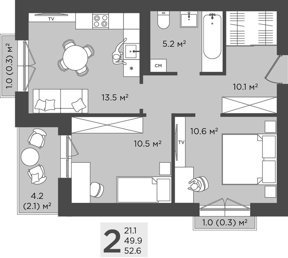 2к. квартира, 52.6 м²