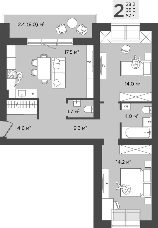 2к. квартира, 67.7 м²