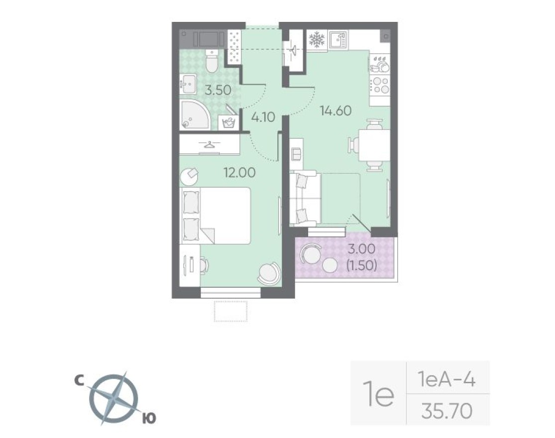 1к. квартира, 35.7 м²