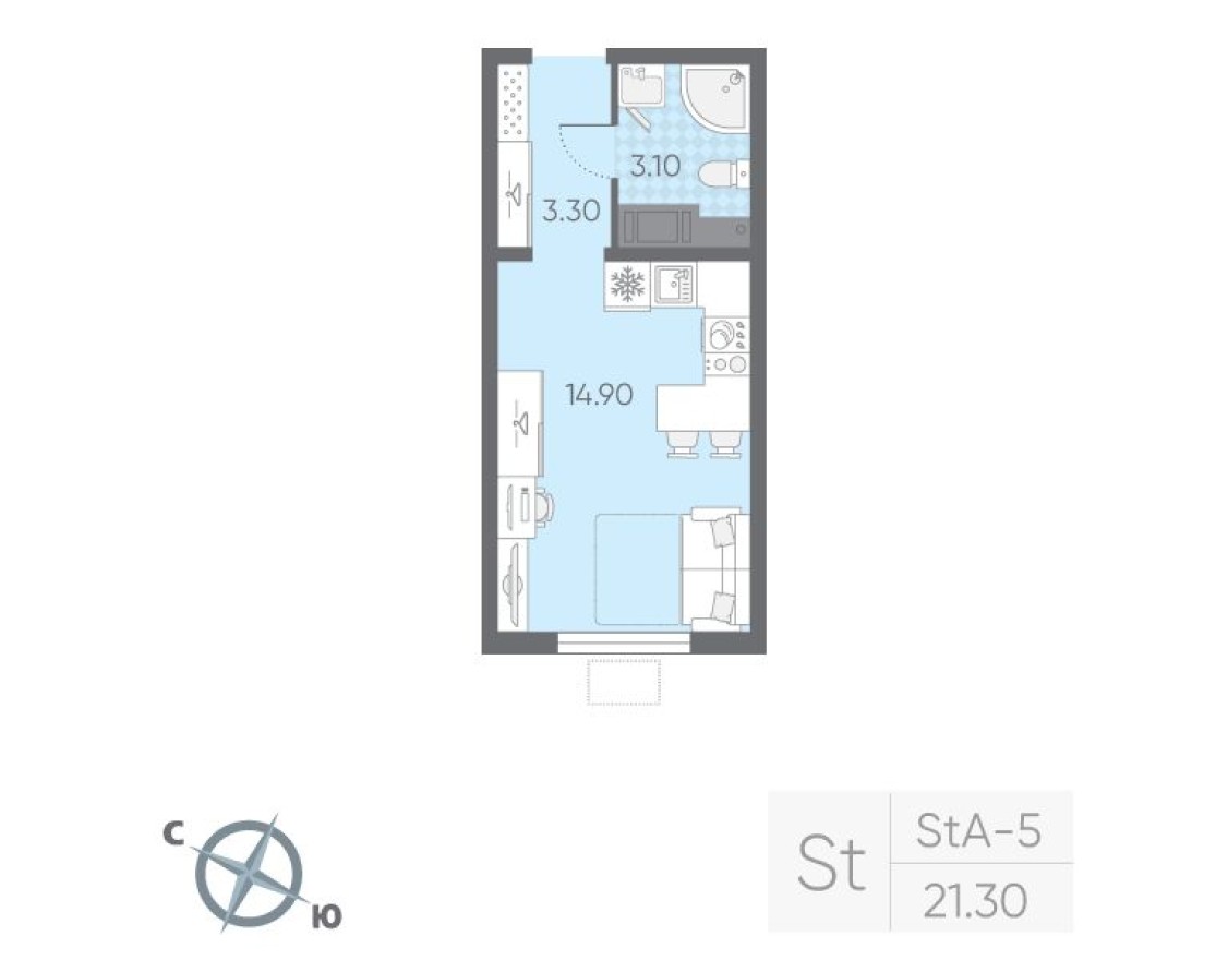 Студия-квартира, 21.3 м²