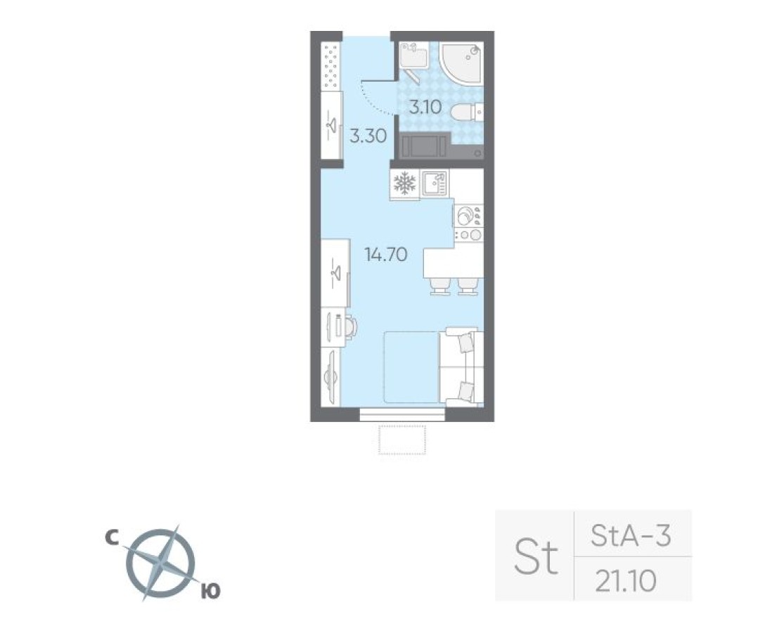 Студия-квартира, 21.1 м²
