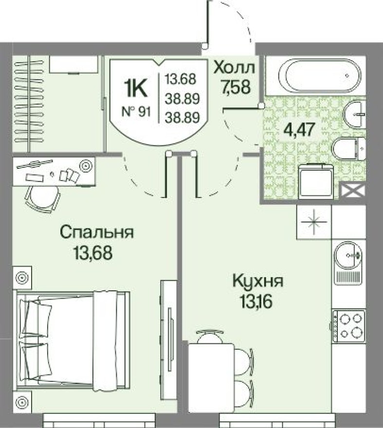 1к. квартира, 38.9 м²