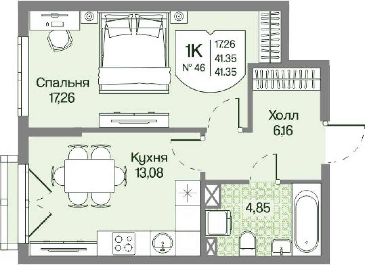 1к. квартира, 41.4 м²