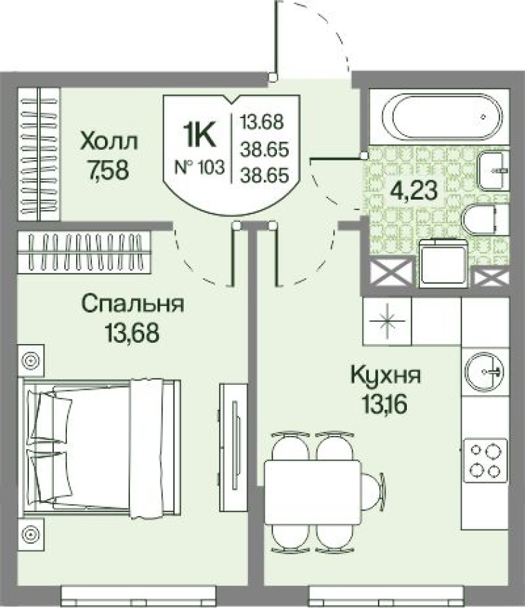 1к. квартира, 38.7 м²