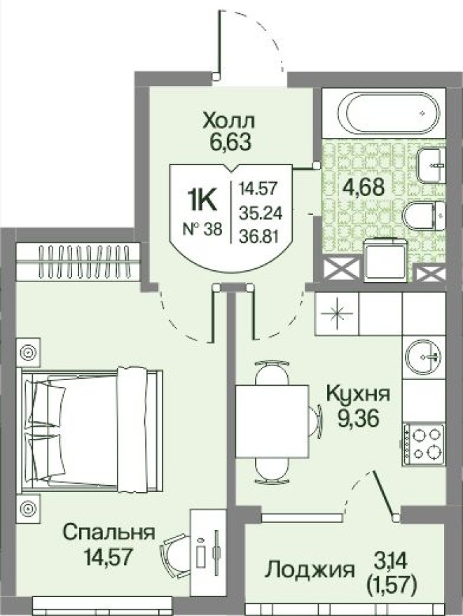 1к. квартира, 36.8 м²