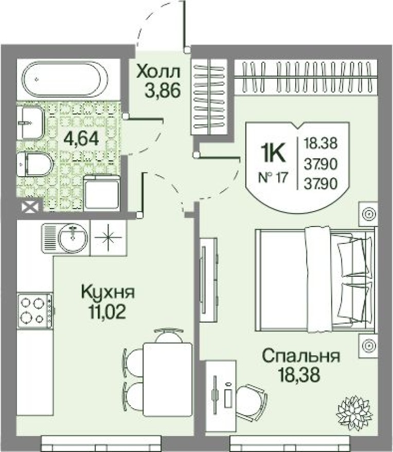 1к. квартира, 37.9 м²
