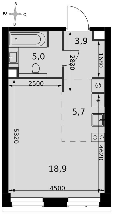 Студия-квартира, 33.5 м²