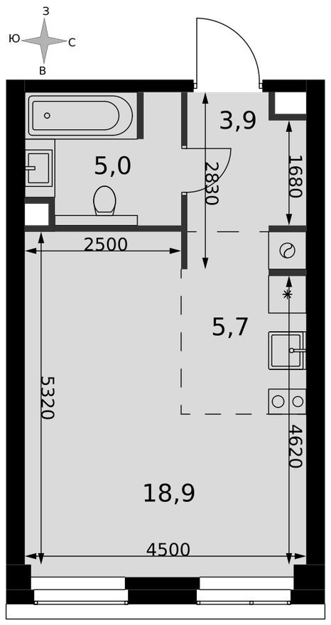 Студия-квартира, 33.5 м²