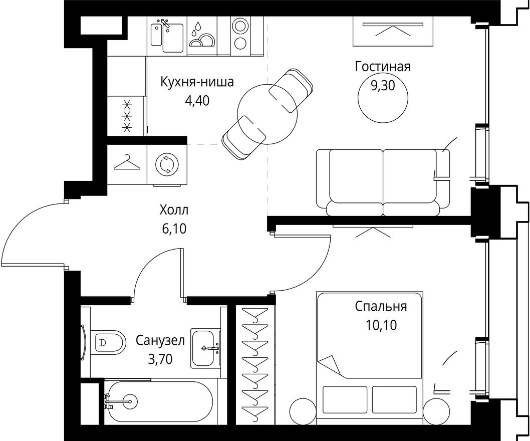 1к. квартира, 33.6 м²