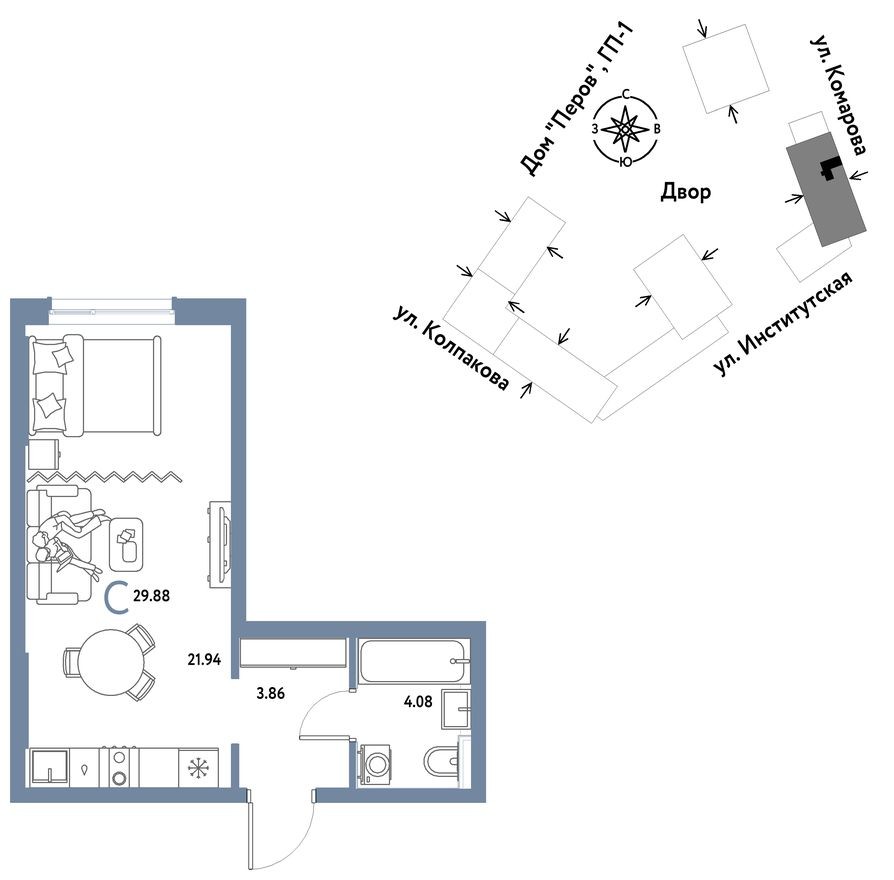 Студия-квартира, 29.9 м²