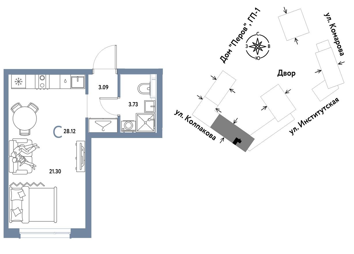 Студия-квартира, 28.1 м²