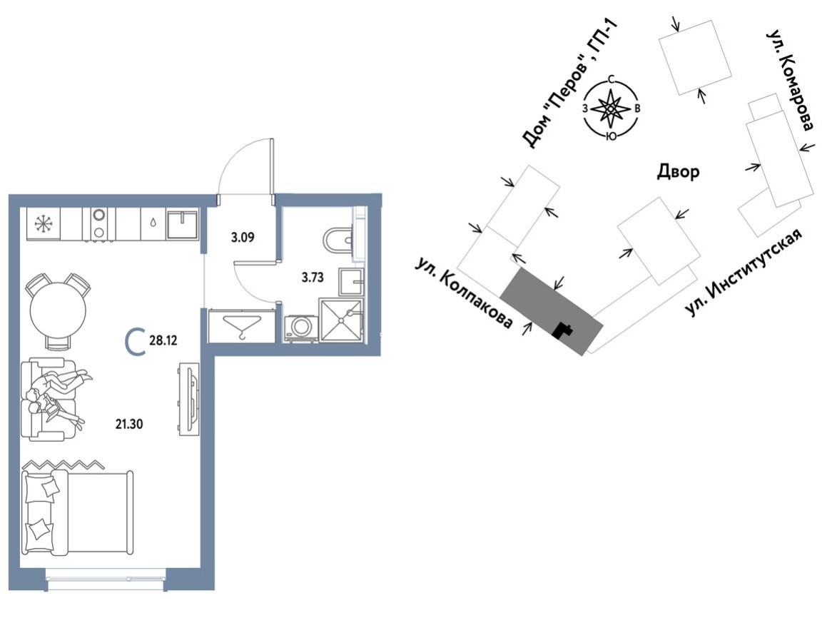 Студия-квартира, 28.1 м²