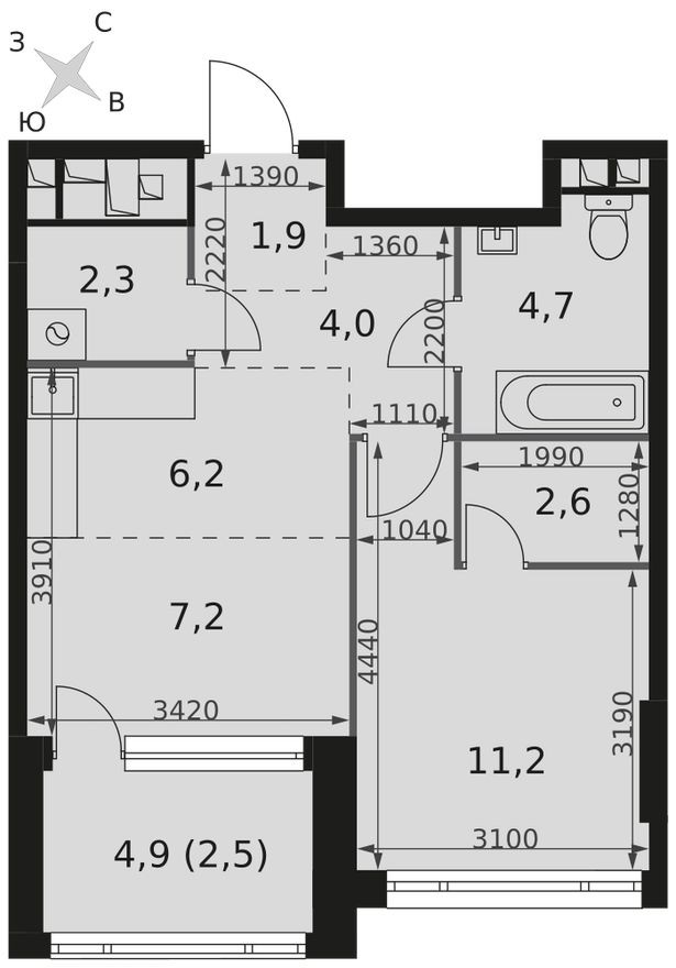 1е квартира, 42.6 м²