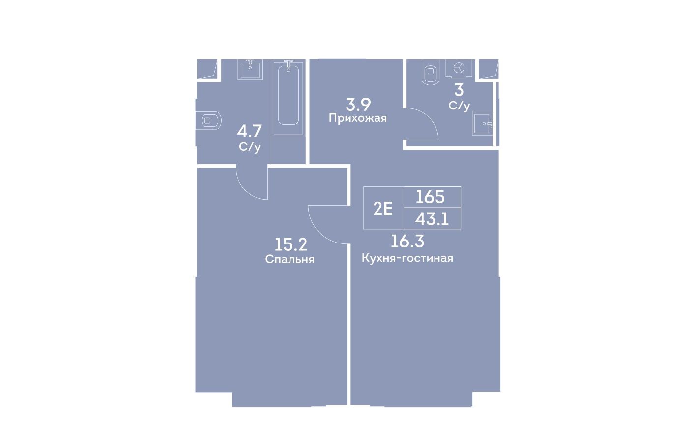 2е квартира, 43.1 м²