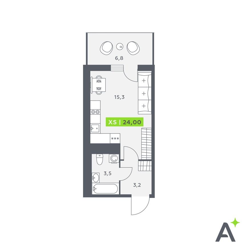 Студия-квартира, 24.0 м²
