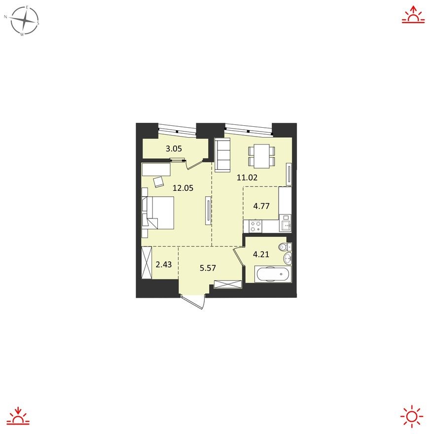 2к. квартира, 43.1 м²