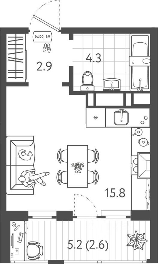 1к. квартира, 25.1 м²