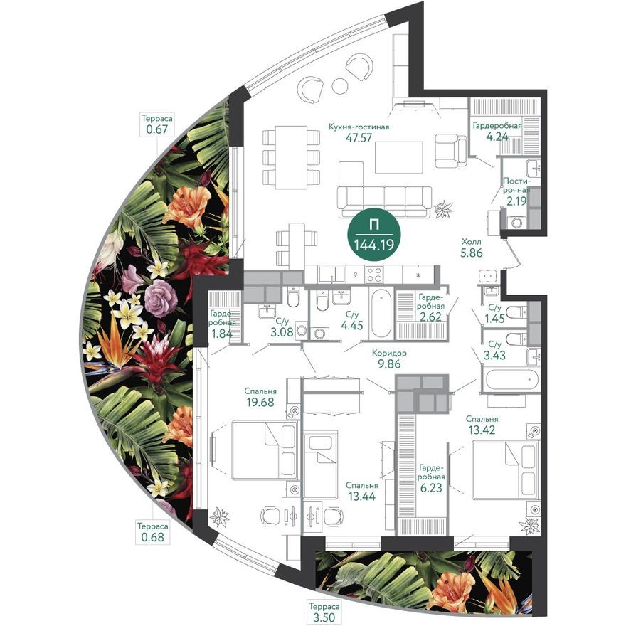 4к. квартира, 144.5 м²