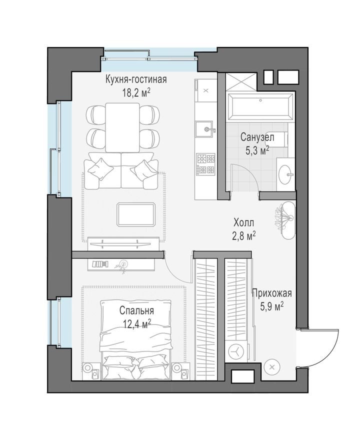 Студия-квартира, 47.6 м²