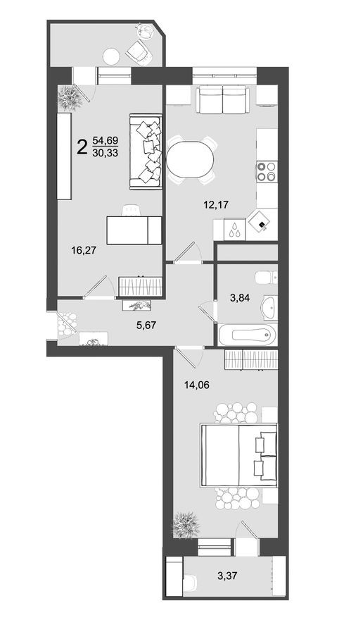 2к. квартира, 54.7 м²