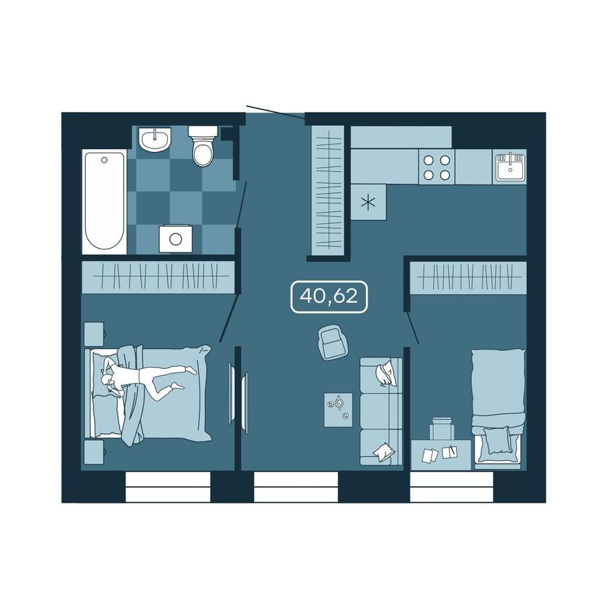 2к. квартира, 40.6 м²