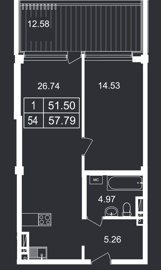 1e апартаменты, 57.8 м²