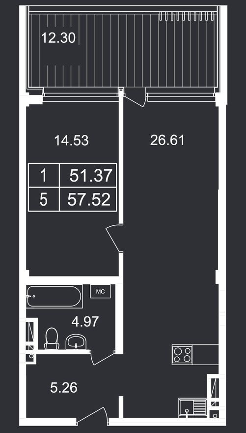 1e апартаменты, 57.5 м²