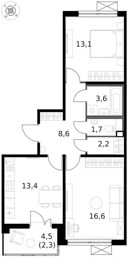 Планировка — 2к. квартира, 61.4 м²