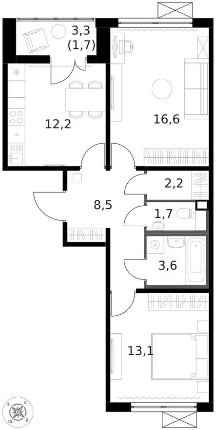 Планировка — 2к. квартира, 59.6 м²