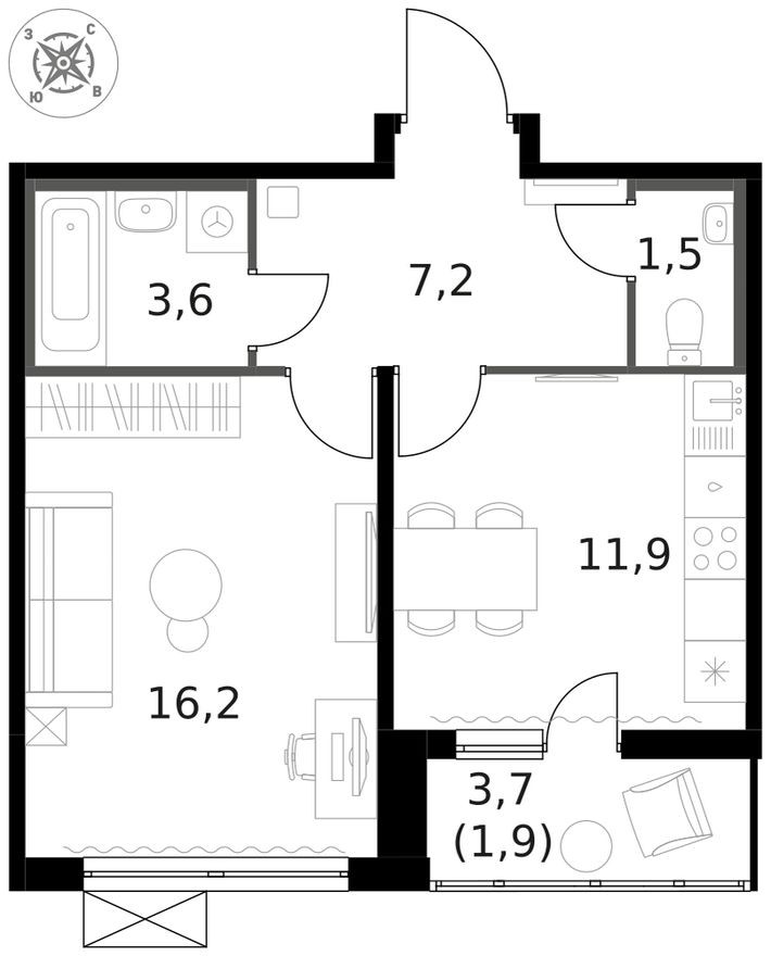 1к. квартира, 42.2 м²